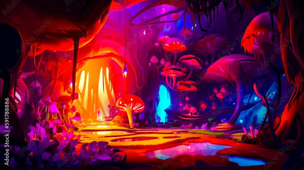 Aufkleber painting of colorful landscape with mushrooms and plants in the middle of it. generative ai.