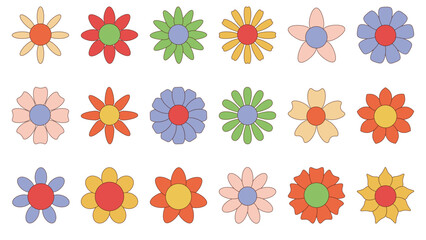 Cute set of simple groovy daisy flowers in flat cartoon style isolated on white background. Chamomile flowers, Chrysanthemum.