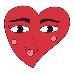 Cute happy groovy heart shape with face isolated on white background.