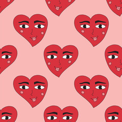 Cute happy groovy heart shape with face seamless pattern. Festive love background.