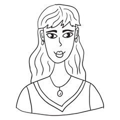 Cute cartoon abstract doodle girl portrait isolated on white background. Woman face.