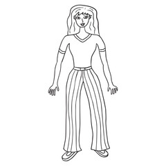 Doodle happy young lady. Woman isolated on white background.