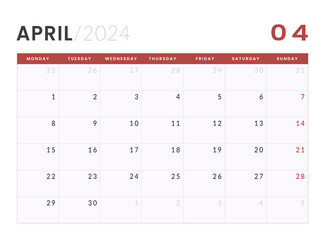 Monthly Calendar Template of april 2024. Vector layout of a wall or desk simple calendar with week start monday