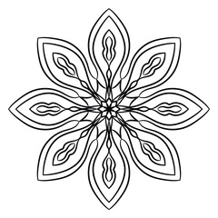 Black outline flower mandala. Doodle round decorative element for coloring book isolated on white background. Floral geometric circle.