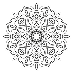 Black outline flower mandala. Doodle round decorative element for coloring book isolated on white background. Floral geometric circle.