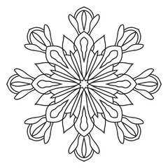 Black outline flower mandala. Doodle round decorative element for coloring book isolated on white background. Floral geometric circle.