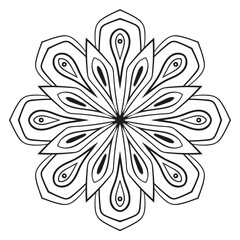 Black outline flower mandala. Doodle round decorative element for coloring book isolated on white background. Floral geometric circle.