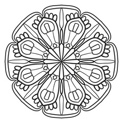 Black outline flower mandala. Doodle round decorative element for coloring book isolated on white background. Floral geometric circle.