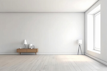 Fototapeta na wymiar modern minimalist interior with a big empty white wall. AI Generative