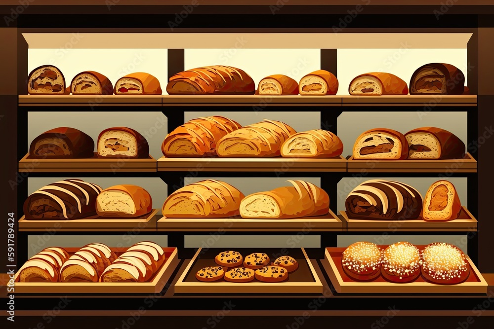 Poster bakery display filled with a variety of bread types. generative ai