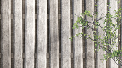 Tree branches with green leaves on the background of empty wooden fence. Mockup for nature garden design