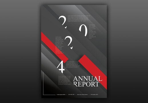 Dark annual report front cover page template with stripes and hidden year