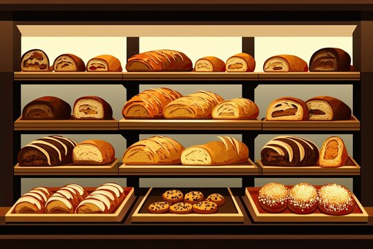 bakery display filled with a variety of bread types. Generative AI