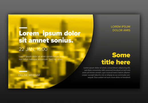 Facebook dark event cover template with circle photo frame placeholder and yellow overlay accent
