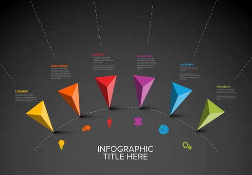 Timeline with six triangle arrow pointers on an arc line on dark background