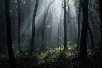 Dark, moody forest, with sunlight streaming through the trees