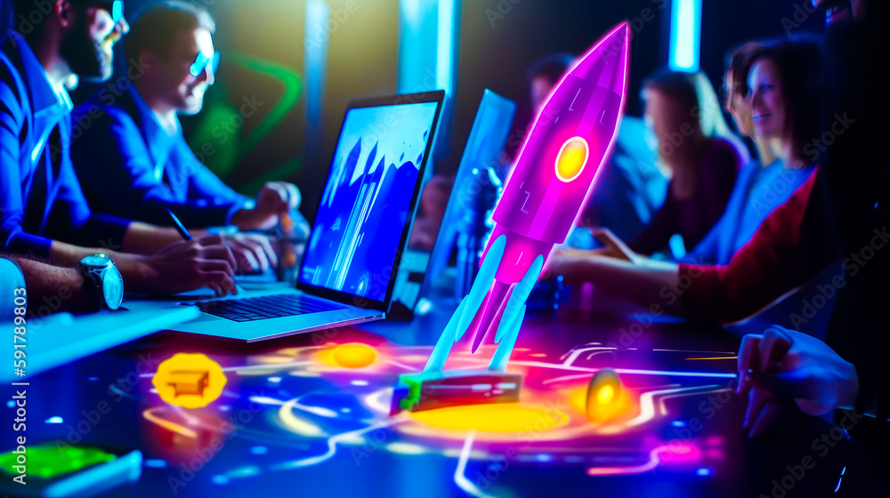 Aufkleber two people sitting at table with laptops and rocket ship in front of them. generative ai.
