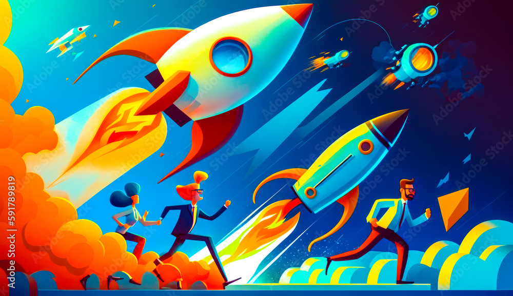 Poster group of people are flying around rocket with rocket ship in the background. generative ai.