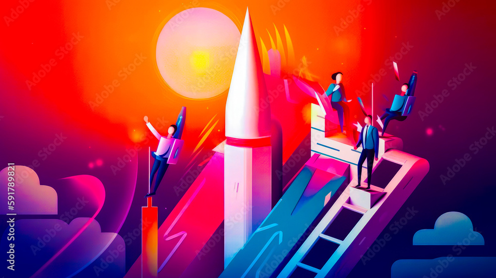 Poster group of people standing on top of building with rocket in the background. generative ai.