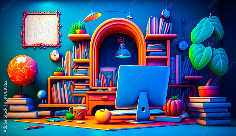 Aufkleber room with computer, bookshelf, and clock on the wall. generative ai.