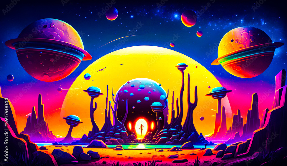Poster painting of space station with planets and man standing in front of it. generative ai.