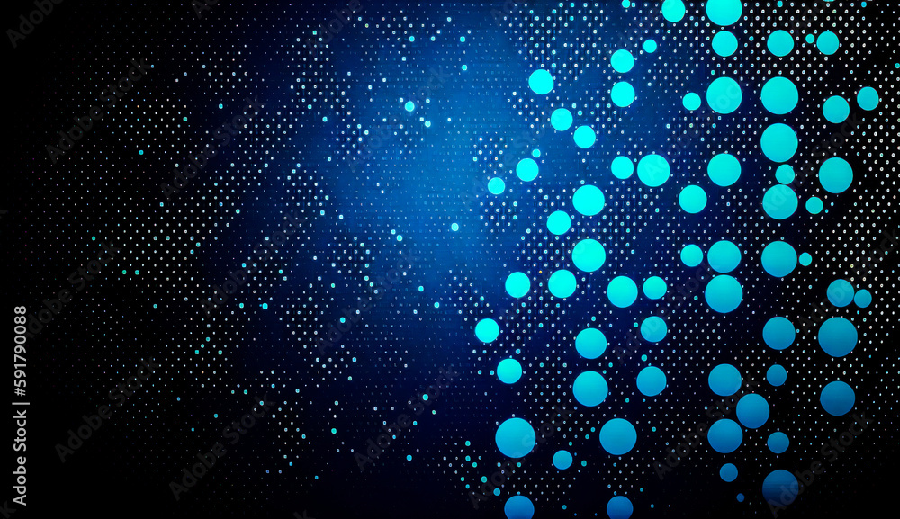 Poster blue abstract background with circles and dots on dark blue background with white dots. generative a