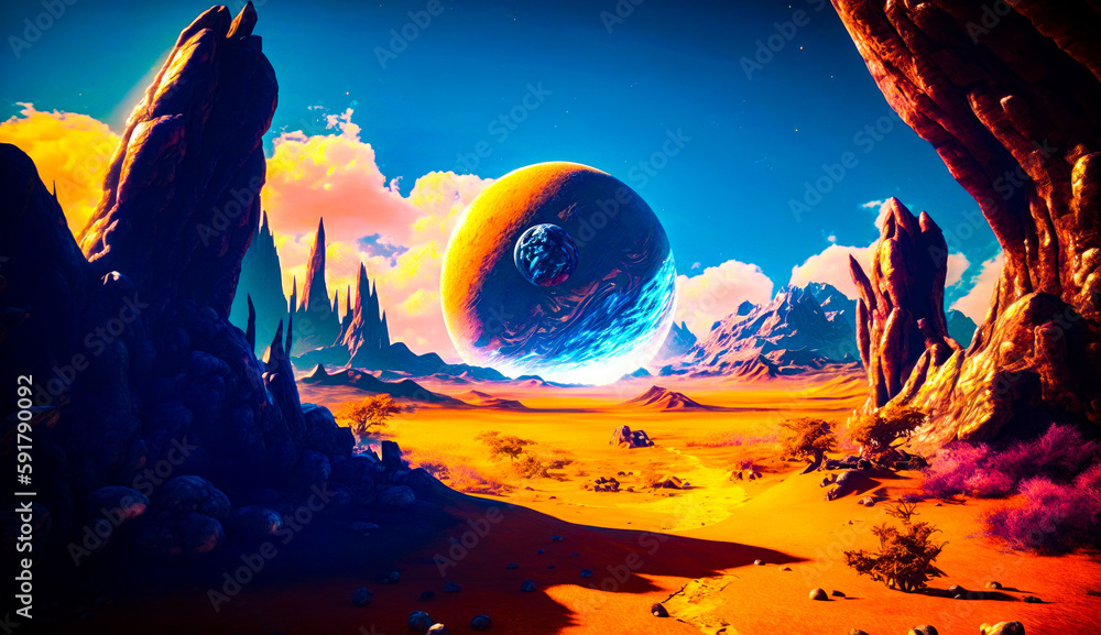 Poster painting of planet in the middle of desert with mountains in the background. generative ai.