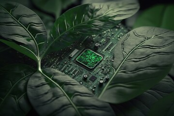 Ecological concert. Green sprout from a computer processor. Generative AI