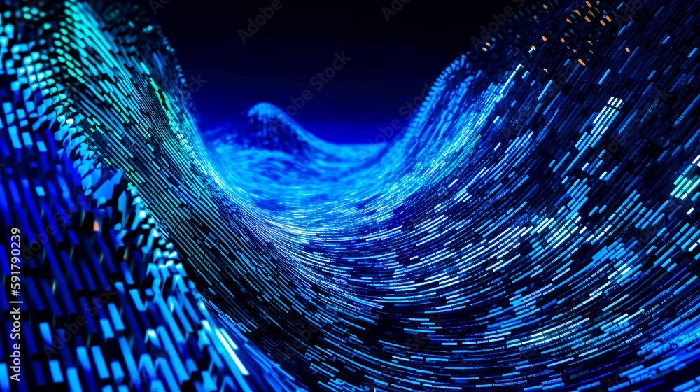 Poster blue and black background with wave of lines in the middle of it. generative ai.