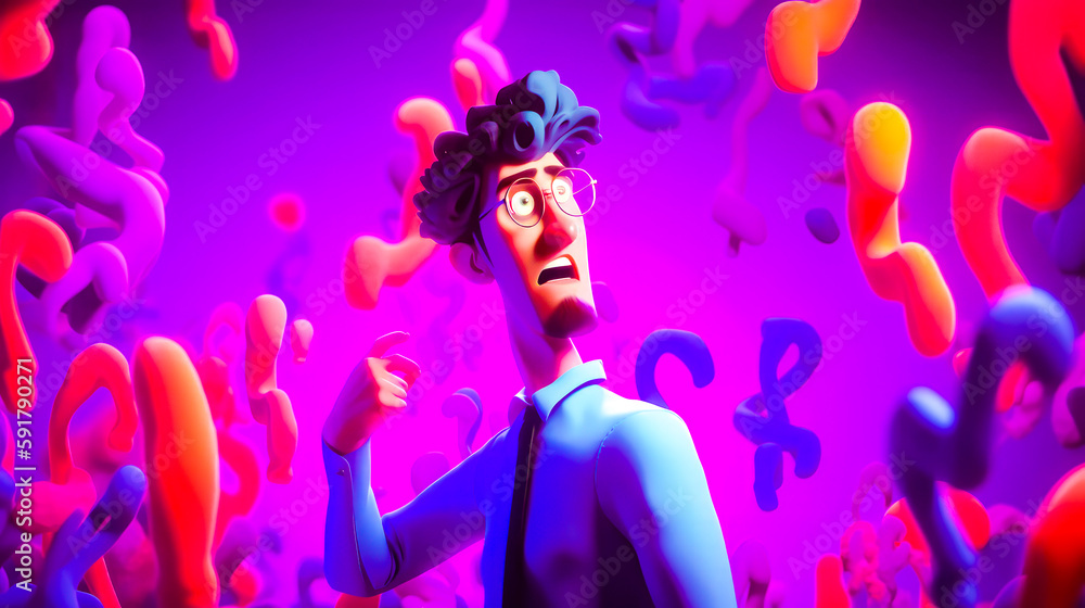 Poster man with glasses and tie standing in front of purple background. generative ai.