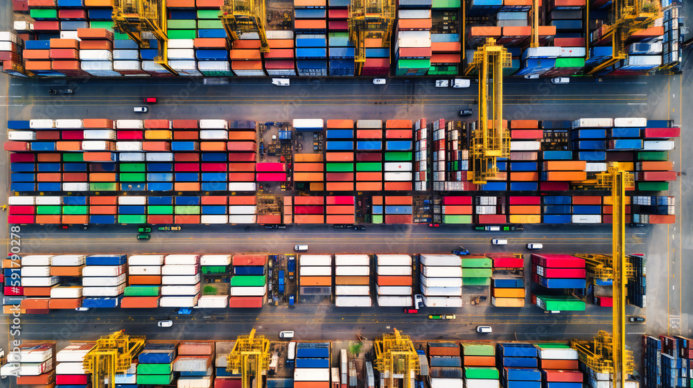 Poster a vivid and dynamic image of a busy cargo shipyard, showcasing the intricate impact of customs regul