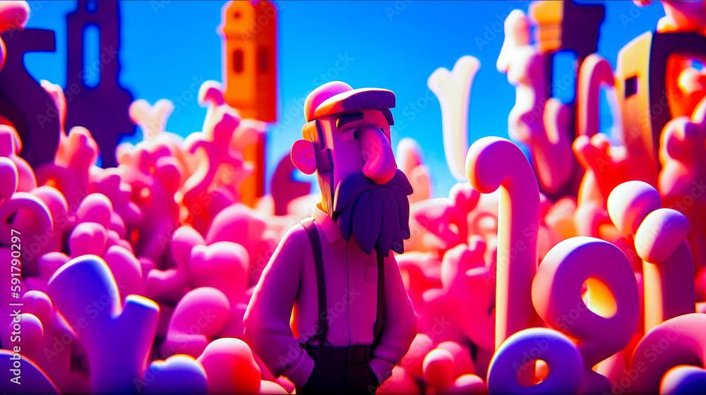 Poster man with beard standing in front of bunch of pink balls. generative ai.