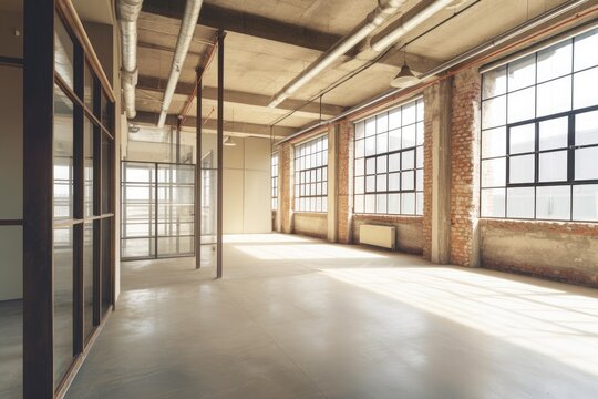 Empty light office in loft style. Commercial premises. Generative AI