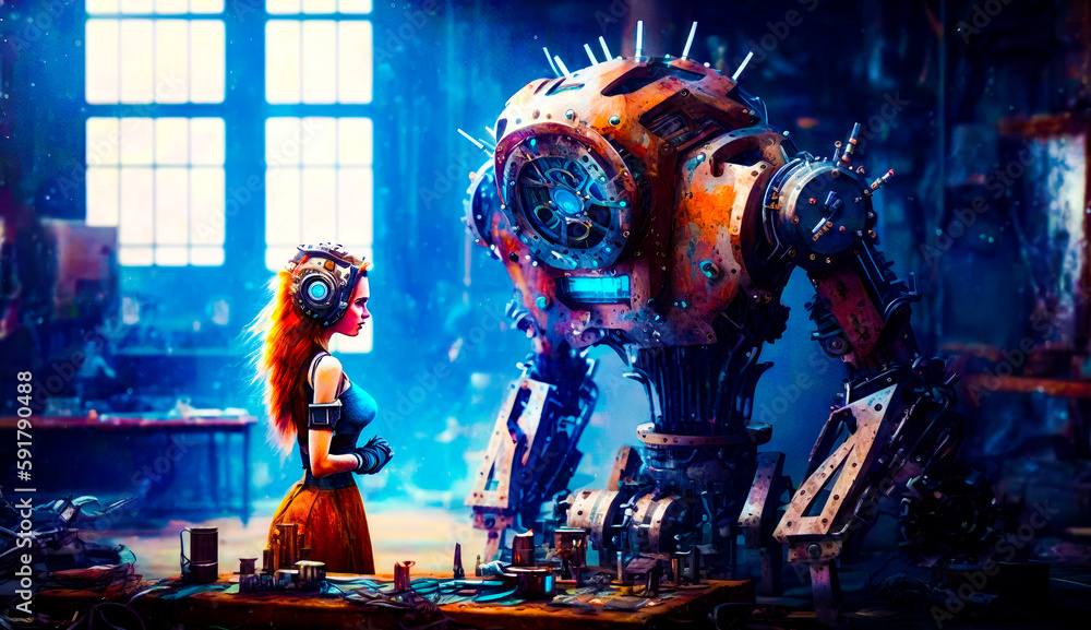 Poster woman standing in front of robot with clock on it's face. generative ai.
