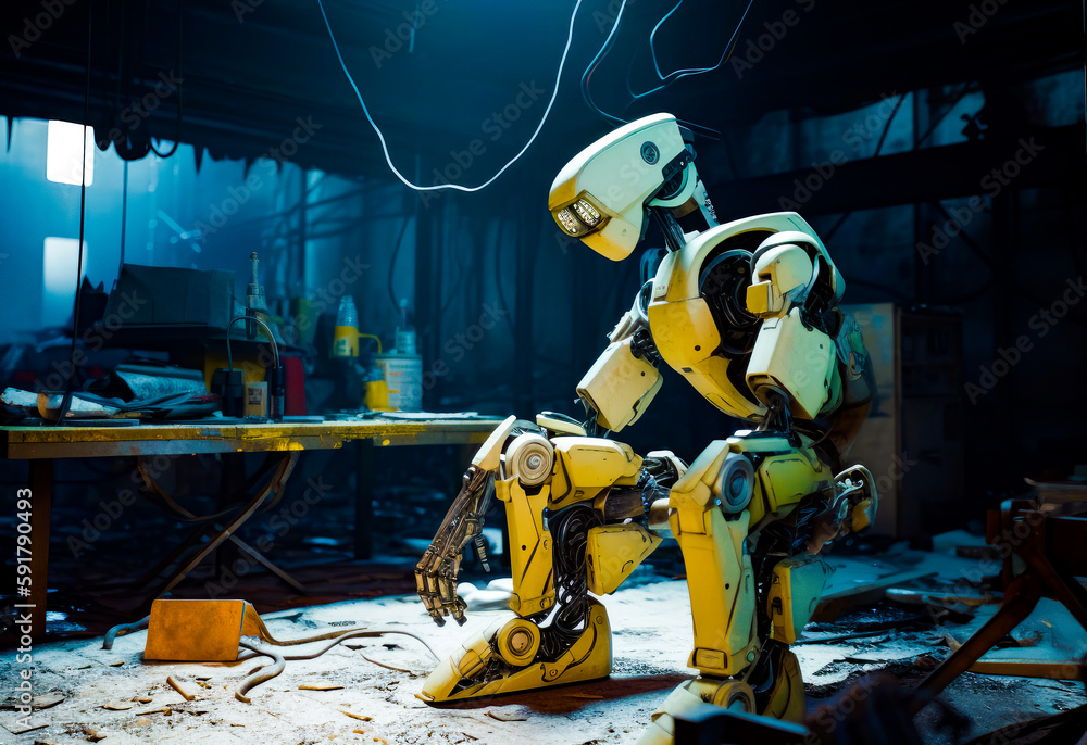 Aufkleber yellow robot sitting on top of table in room filled with tools. generative ai.