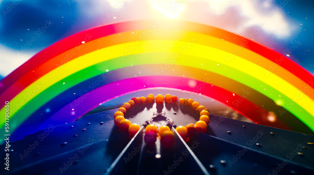Poster close up of guitar string with rainbow in the back ground. generative ai.