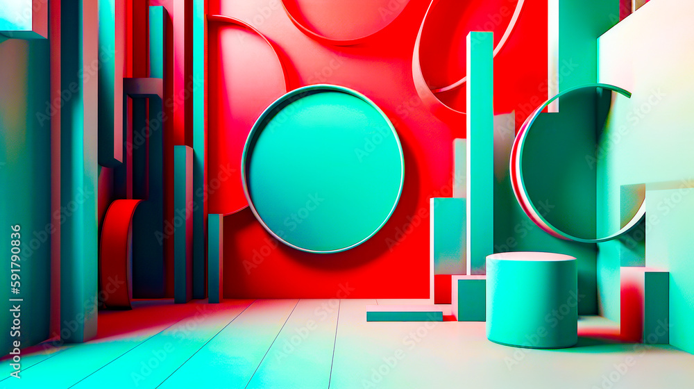 Poster room with red and blue wall and round object on the floor. generative ai.
