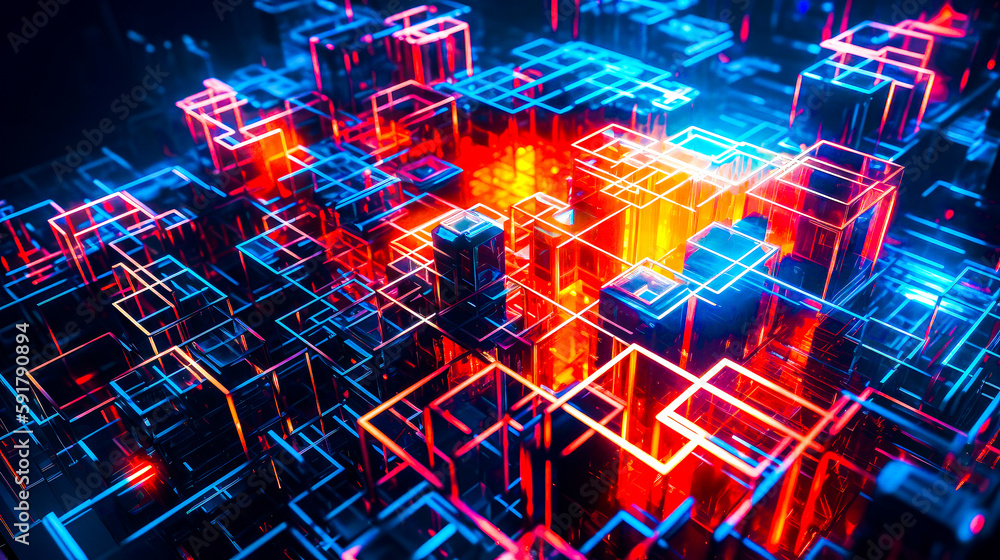 Poster group of colorful cubes that are in the middle of room. generative ai.