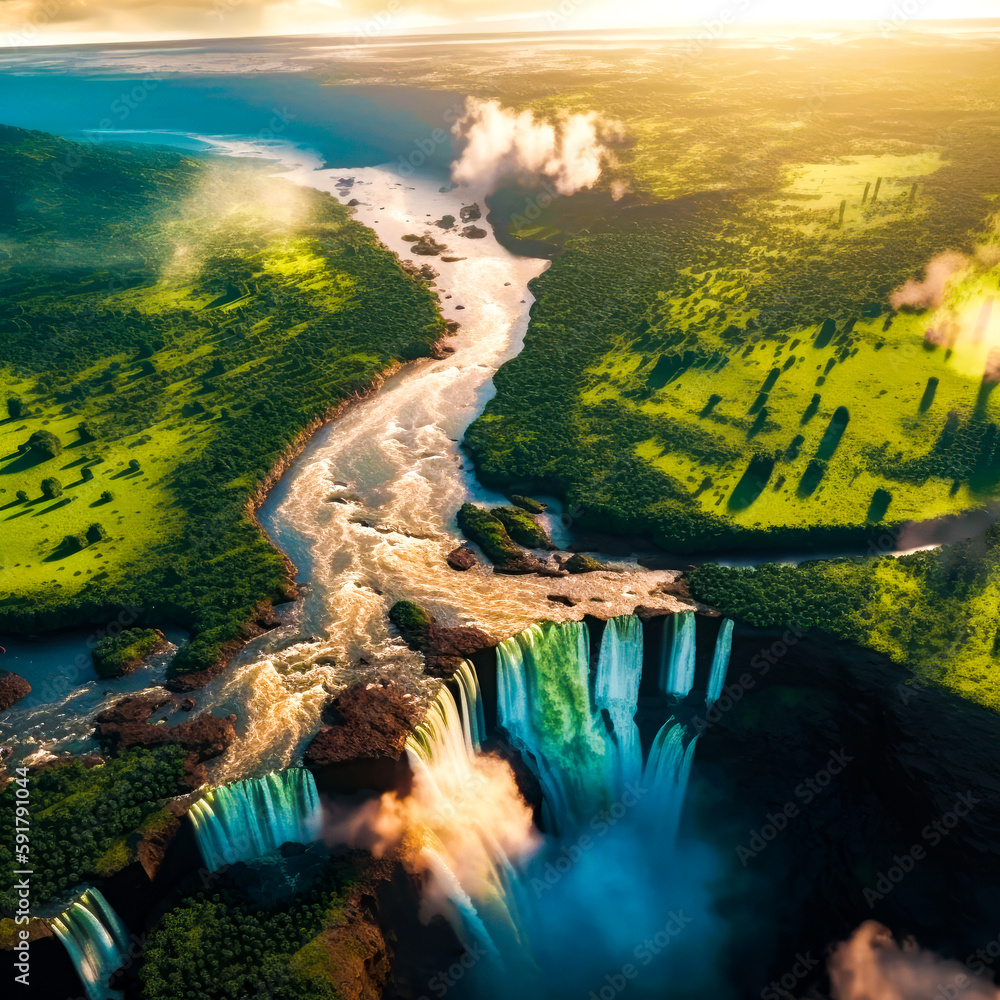 Poster aerial view of large waterfall in the middle of green field. generative ai.