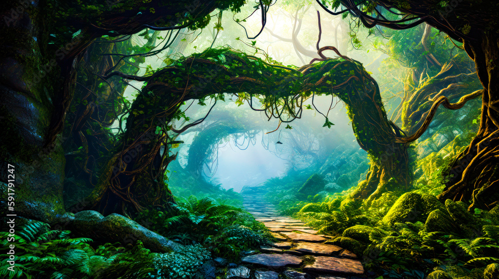 Poster painting of path in the middle of forest with moss growing on it. generative ai.