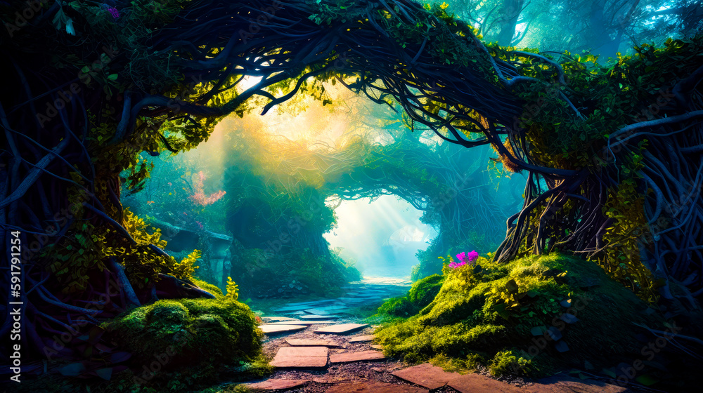 Poster painting of path through forest with sunlight coming through the trees. generative ai.