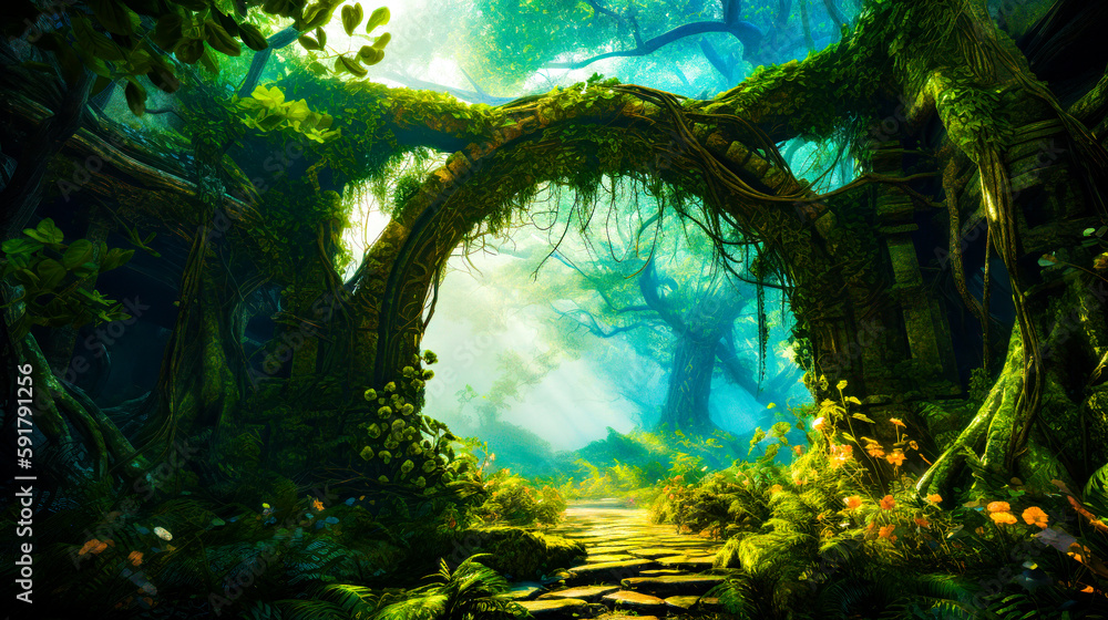 Aufkleber painting of forest scene with path through the trees and stream running through it. generative ai.