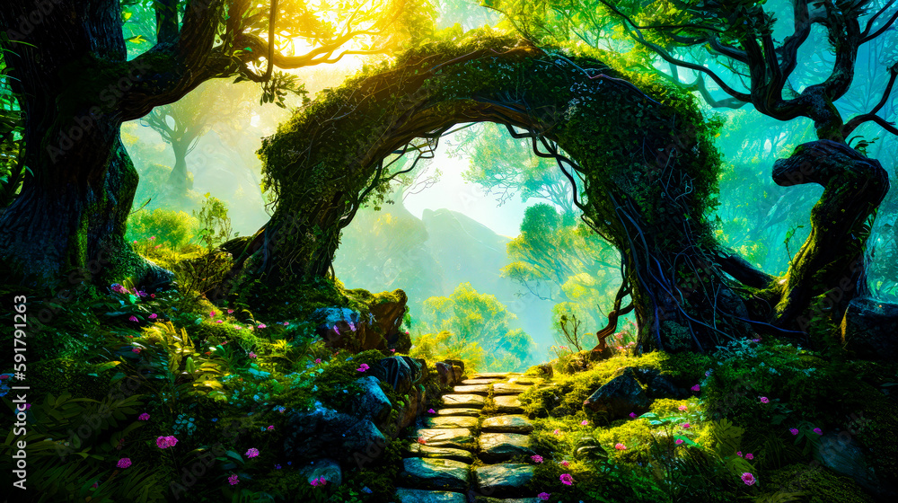 Aufkleber painting of path through forest with sun shining through the trees. generative ai.