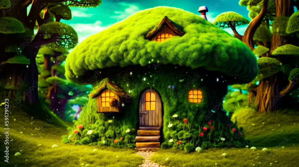 Poster green house in the middle of forest with pathway leading to it. generative ai.