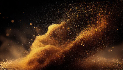 Golden powder explosion on black background