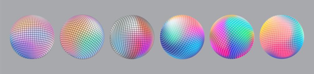 Gradient Spherical Grid set, holographic vibrant round icon. Multicolor buttons can be used in banner, social media, web, as design element.