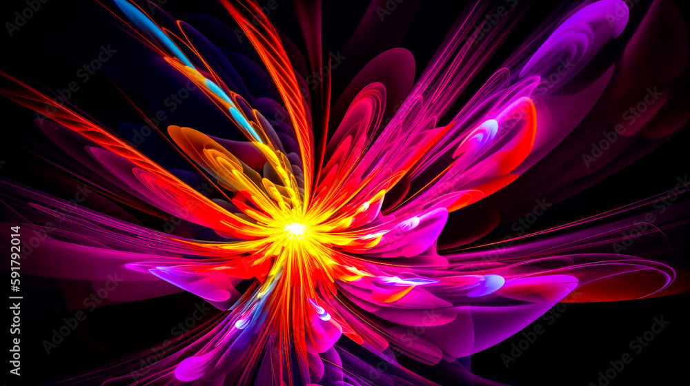 Aufkleber computer generated image of flower with bright colors on black background. generative ai.