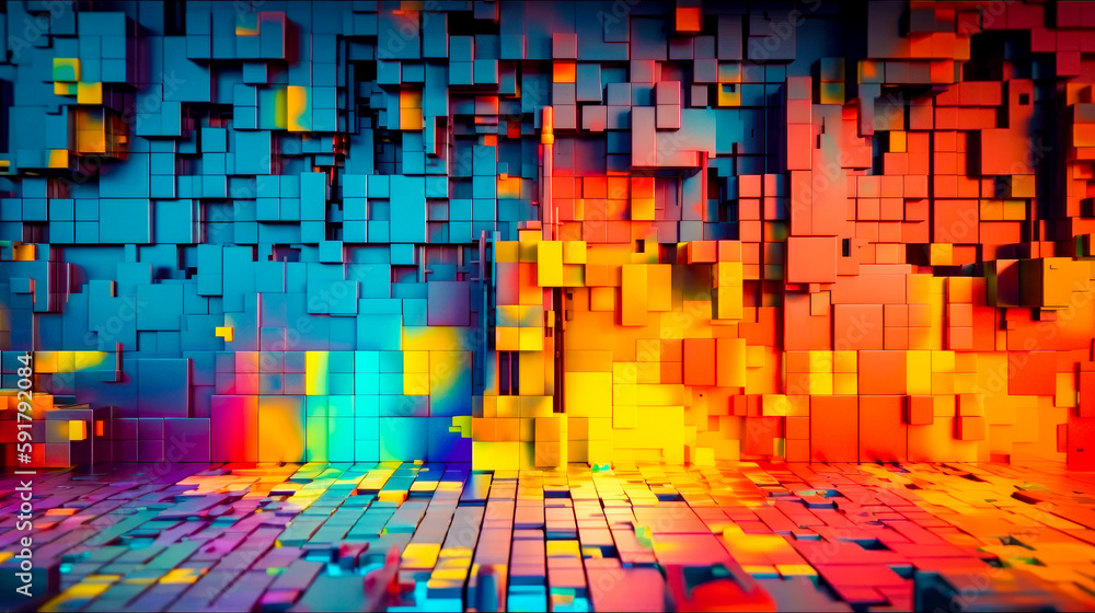 Poster colorful abstract background with cubes in the center and bright light at the end. generative ai.