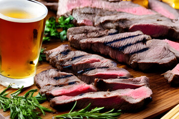 Grilled meat with herbs, a steak sitting on top of a cutting board next to a glass of beer, Generative AI