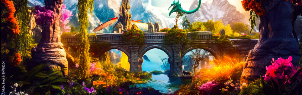Poster painting of bridge with dragon on top of it and mountains in the background. generative ai.